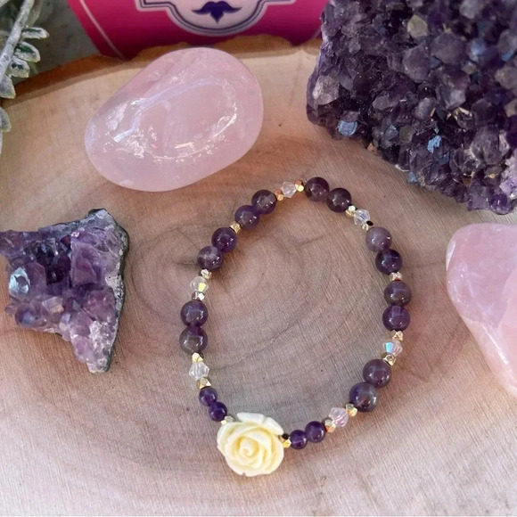 Handmade Jewelry - 💜 Handmade Amethyst bracelet with rose charm🌹💜🪩